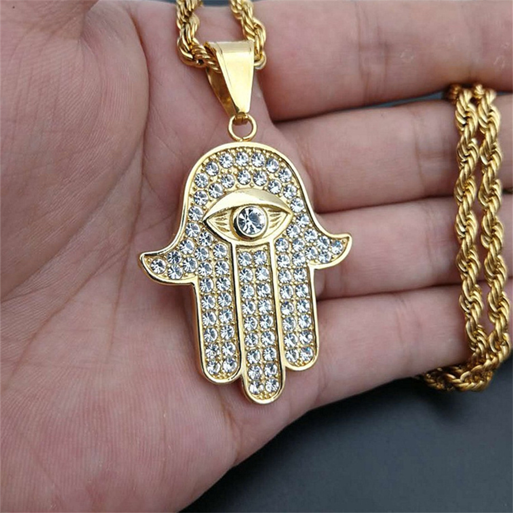Tulsi Holy Basil - ตุรกี Hamsa มือของ Fatima จี้ทองสีสแตนเลส Iced